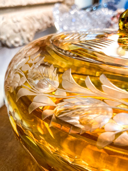Antique Large 1920s Bohemian Floral Amber Cut to Clear Covered Glass Dish