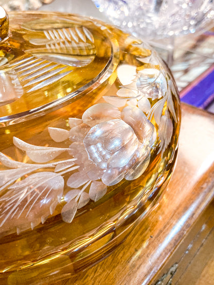 Antique Large 1920s Bohemian Floral Amber Cut to Clear Covered Glass Dish