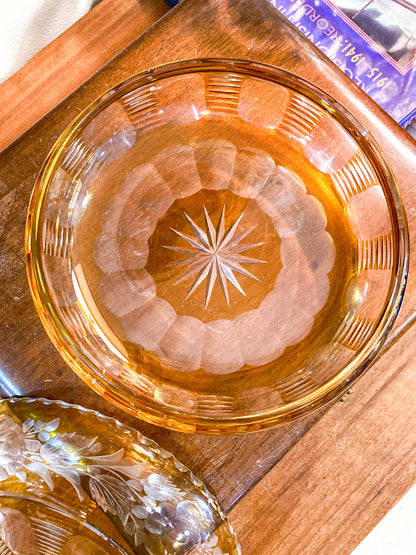 Antique Large 1920s Bohemian Floral Amber Cut to Clear Covered Glass Dish