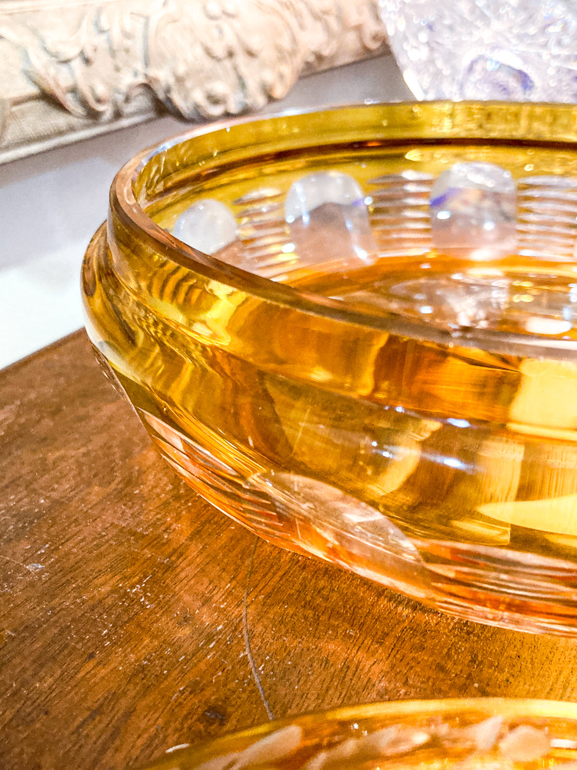 Antique Large 1920s Bohemian Floral Amber Cut to Clear Covered Glass Dish
