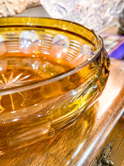 Antique Large 1920s Bohemian Floral Amber Cut to Clear Covered Glass Dish