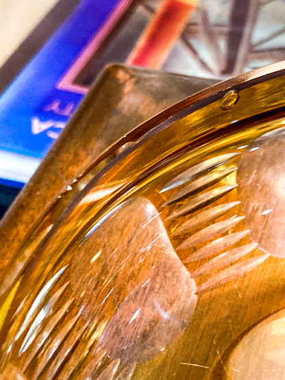 Antique Large 1920s Bohemian Floral Amber Cut to Clear Covered Glass Dish