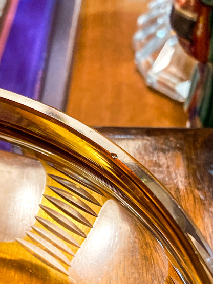 Antique Large 1920s Bohemian Floral Amber Cut to Clear Covered Glass Dish