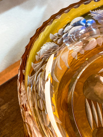 Antique Large 1920s Bohemian Floral Amber Cut to Clear Covered Glass Dish