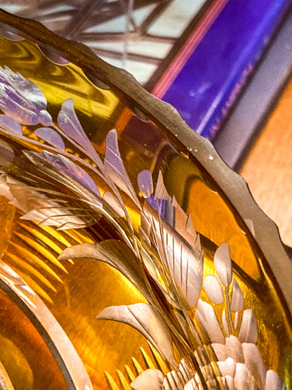 Antique Large 1920s Bohemian Floral Amber Cut to Clear Covered Glass Dish