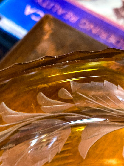 Antique Large 1920s Bohemian Floral Amber Cut to Clear Covered Glass Dish