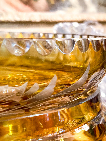 Antique Large 1920s Bohemian Floral Amber Cut to Clear Covered Glass Dish