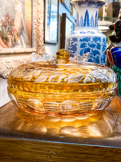Antique Large 1920s Bohemian Floral Amber Cut to Clear Covered Glass Dish

