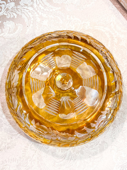 Antique Large 1920s Bohemian Floral Amber Cut to Clear Covered Glass Dish