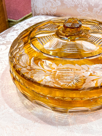 Antique Large 1920s Bohemian Floral Amber Cut to Clear Covered Glass Dish