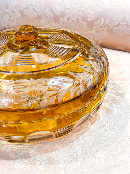 Antique Large 1920s Bohemian Floral Amber Cut to Clear Covered Glass Dish