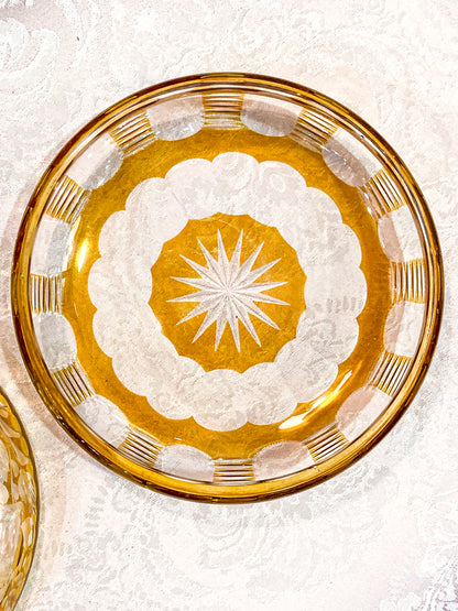 Antique Large 1920s Bohemian Floral Amber Cut to Clear Covered Glass Dish
