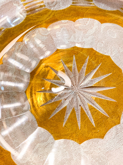 Antique Large 1920s Bohemian Floral Amber Cut to Clear Covered Glass Dish