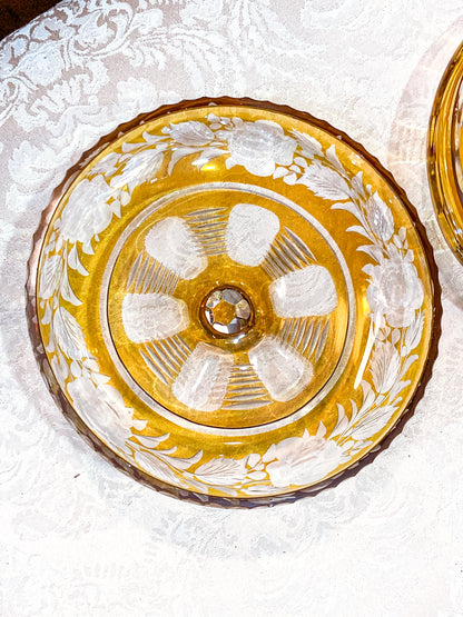 Antique Large 1920s Bohemian Floral Amber Cut to Clear Covered Glass Dish