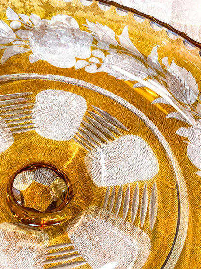 Antique Large 1920s Bohemian Floral Amber Cut to Clear Covered Glass Dish