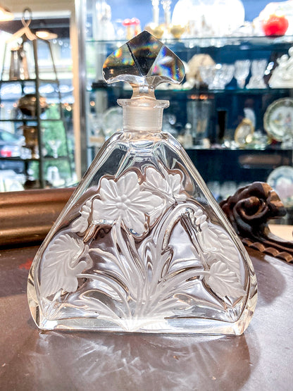 Antique 1920s Czech Clear Glass Floral Triangular Lybis Luxor Perfume Bottle