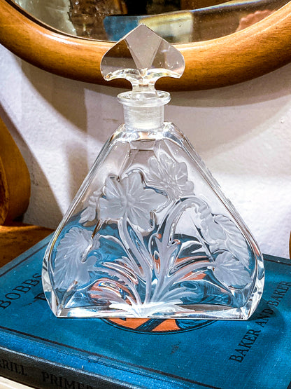 Antique 1920s Czech Clear Glass Floral Triangular Lybis Luxor Perfume Bottle