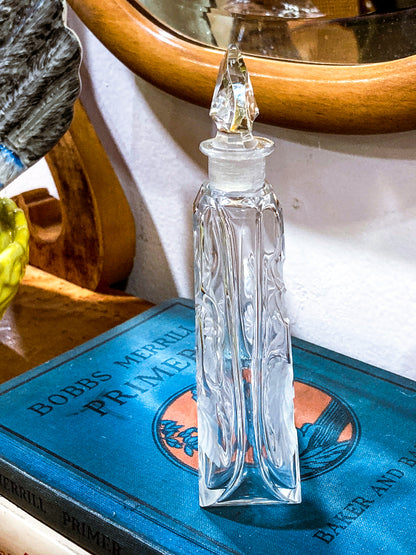 Antique 1920s Czech Clear Glass Floral Triangular Lybis Luxor Perfume Bottle