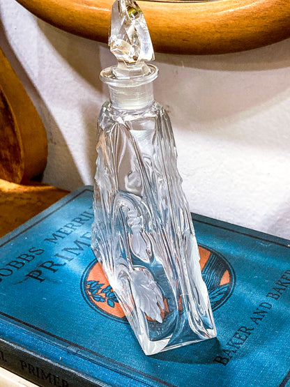 Antique 1920s Czech Clear Glass Floral Triangular Lybis Luxor Perfume Bottle