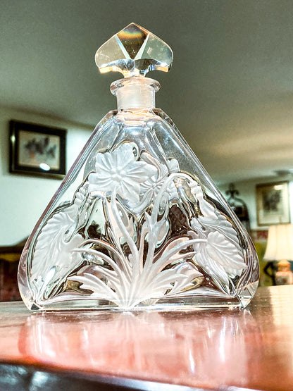 Antique 1920s Czech Clear Glass Floral Triangular Lybis Luxor Perfume Bottle