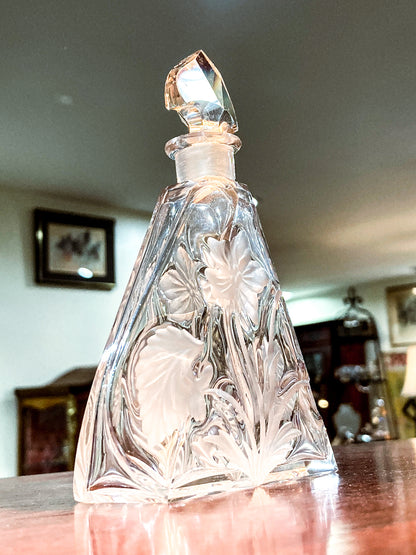 Antique 1920s Czech Clear Glass Floral Triangular Lybis Luxor Perfume Bottle