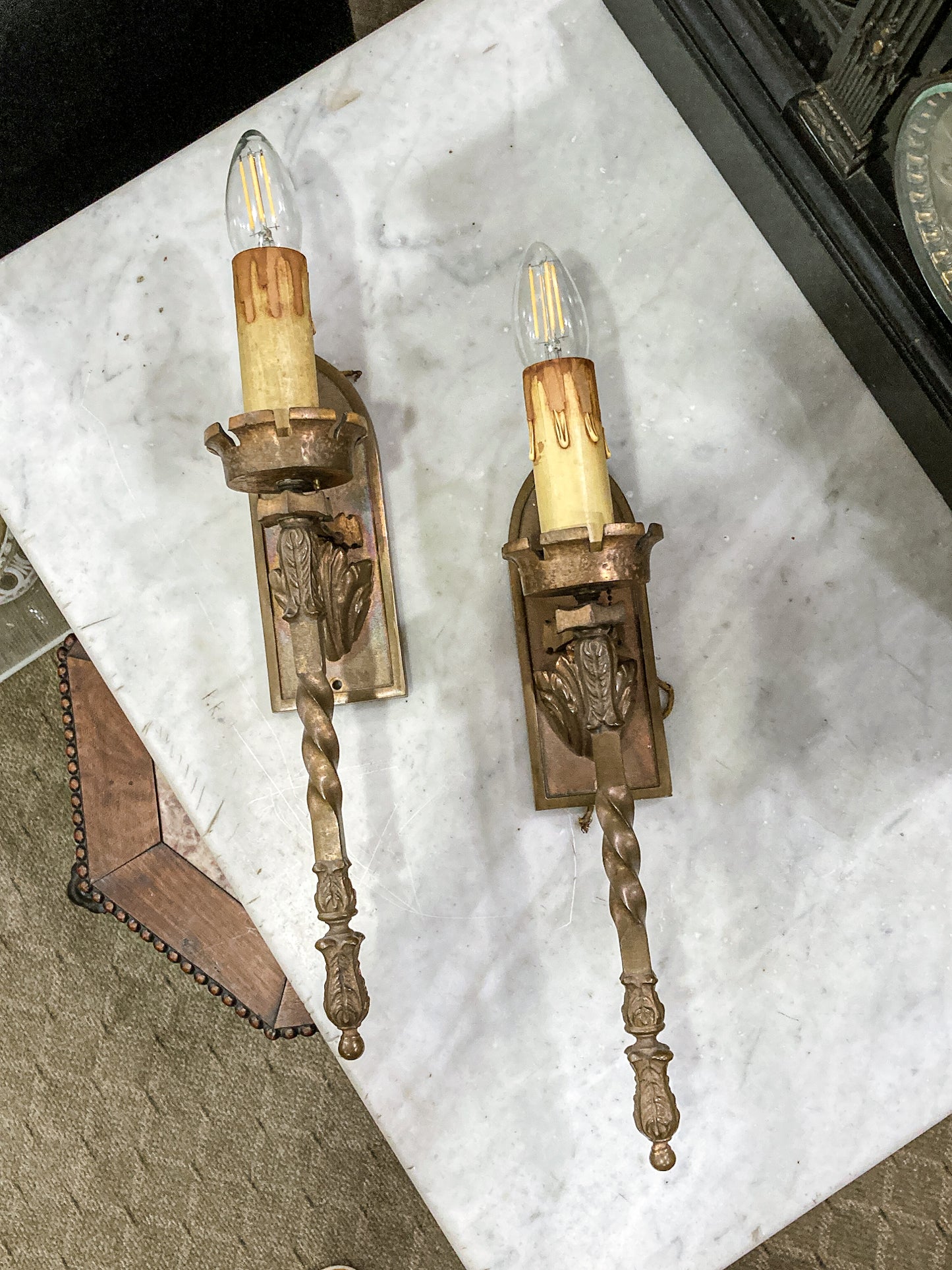 Antique 1920s Medieval Influence Bronze Wall Single Light Sconce Pair