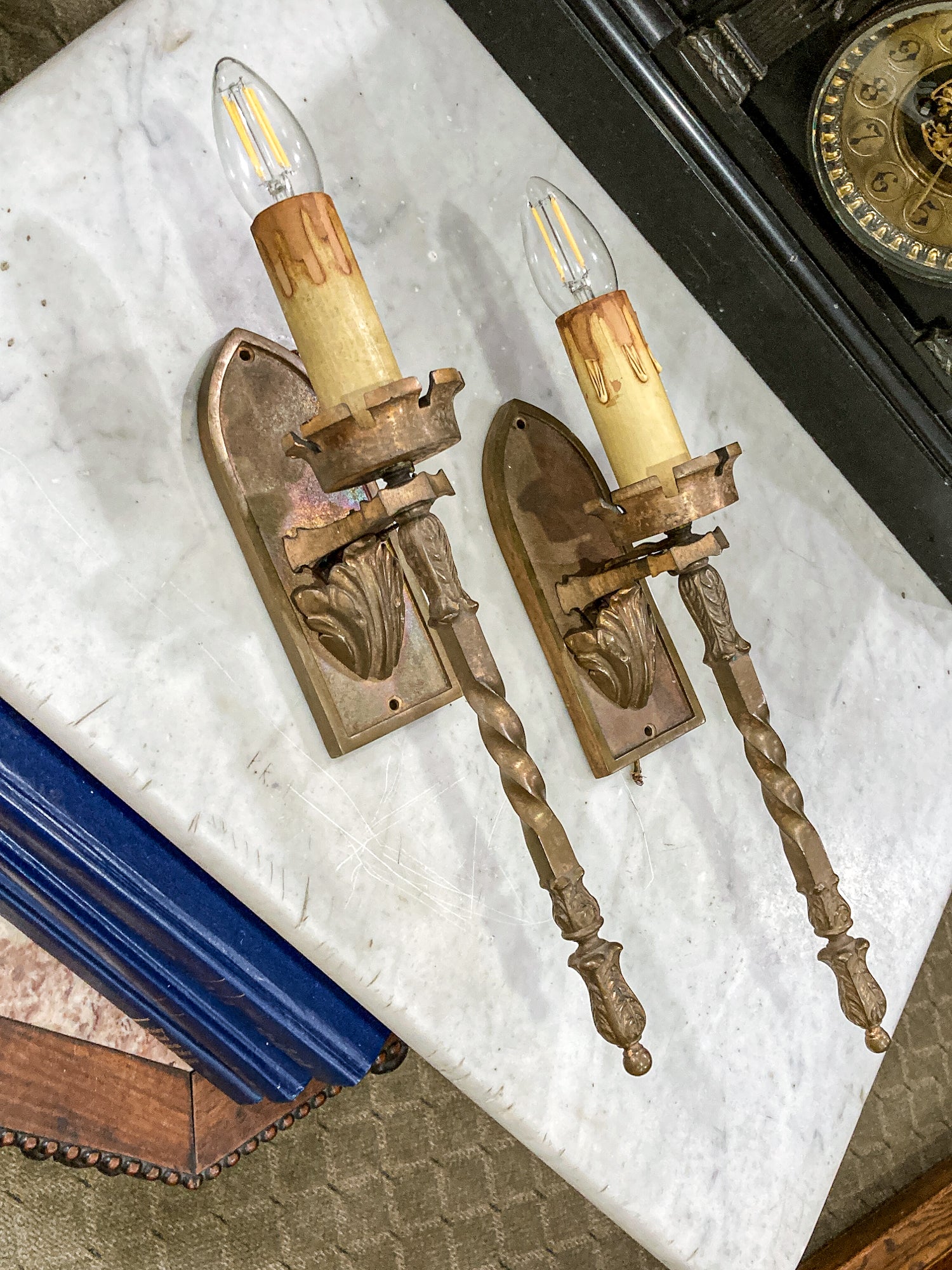 Antique 1920s Medieval Influence Bronze Wall Single Light Sconce Pair