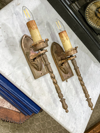 Antique 1920s Medieval Influence Bronze Wall Single Light Sconce Pair