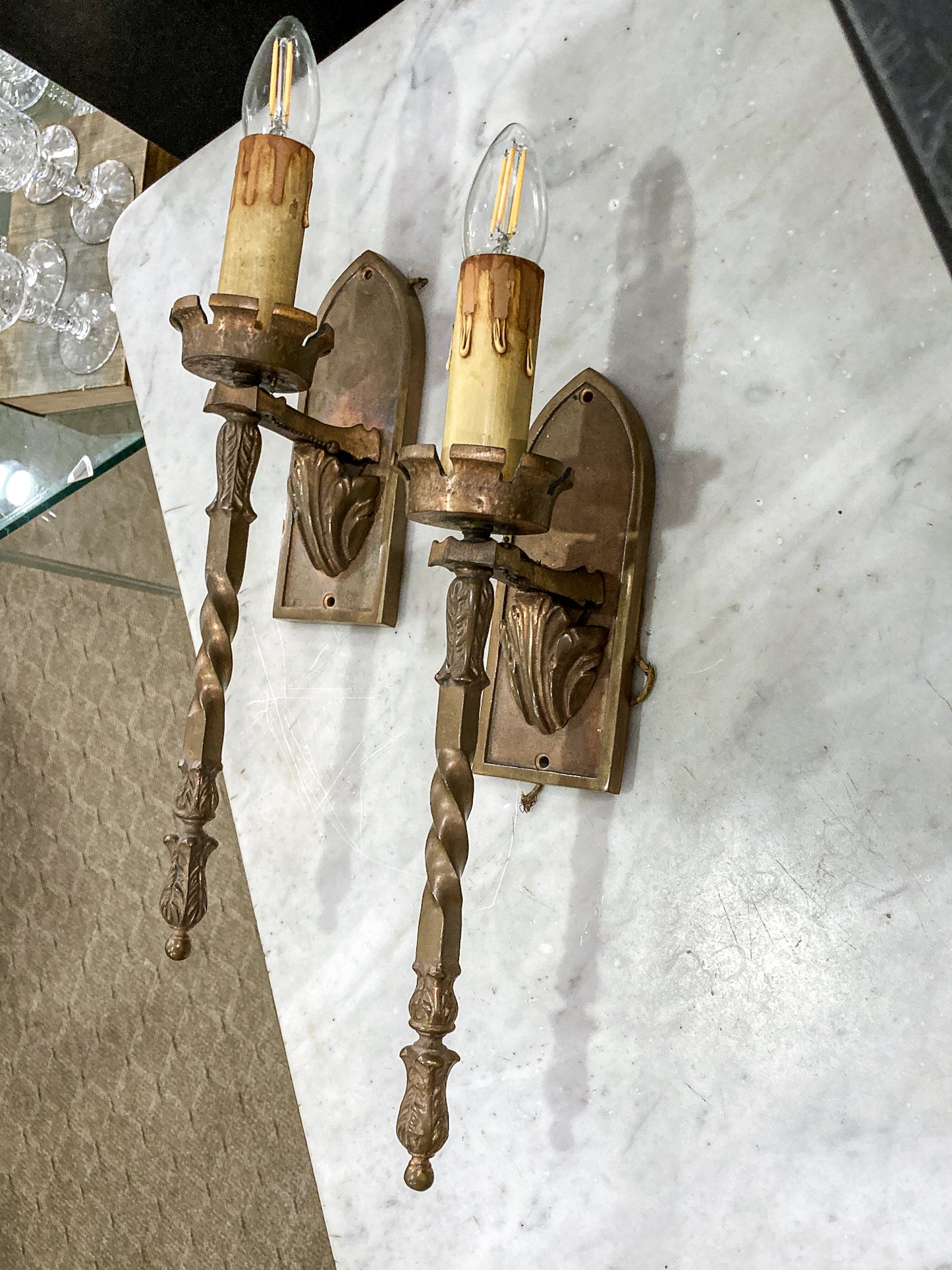 Antique 1920s Medieval Influence Bronze Wall Single Light Sconce Pair