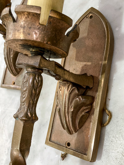 Antique 1920s Medieval Influence Bronze Wall Single Light Sconce Pair