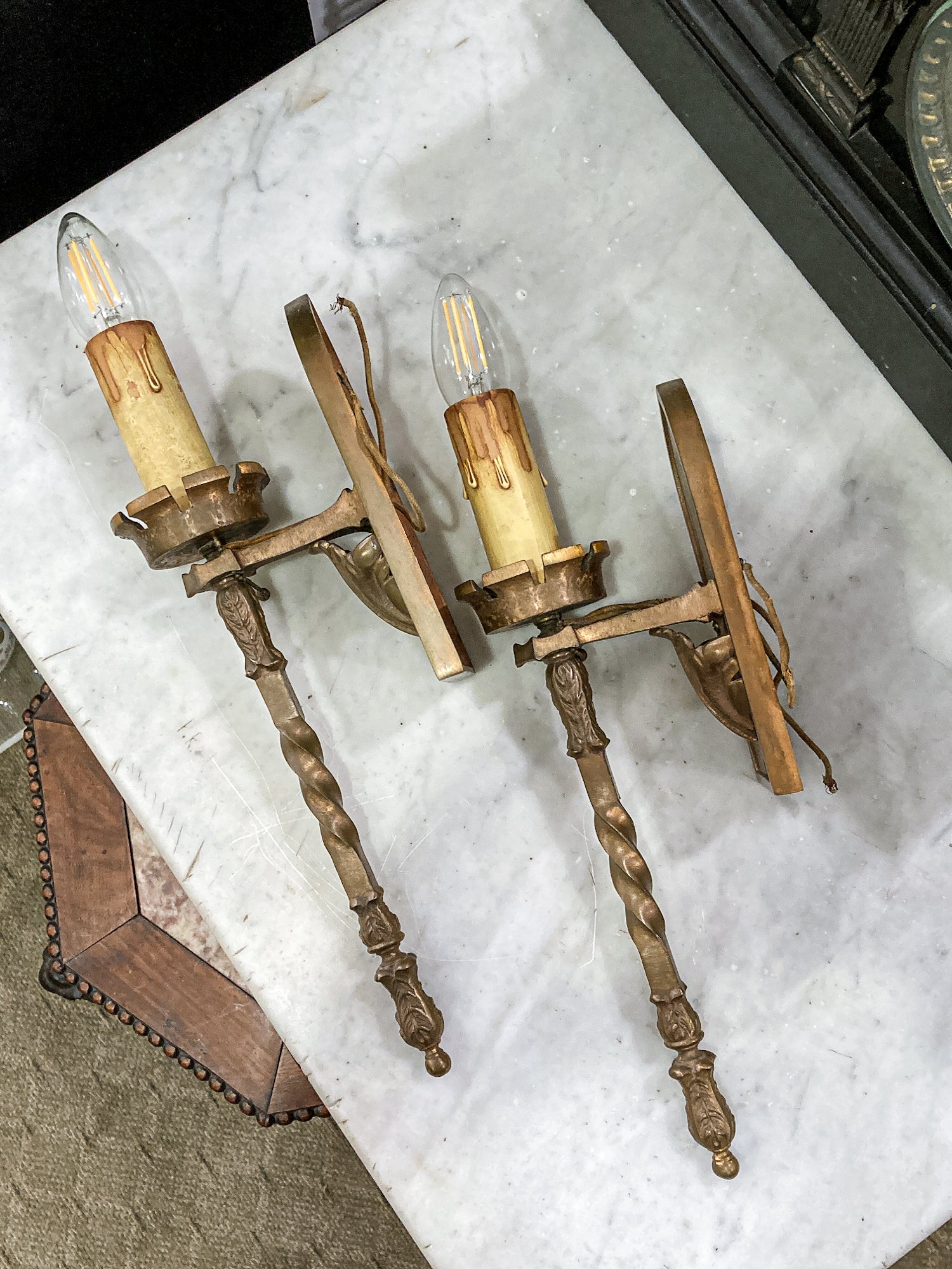 Antique 1920s Medieval Influence Bronze Wall Single Light Sconce Pair