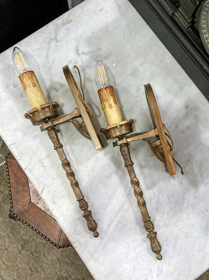 Antique 1920s Medieval Influence Bronze Wall Single Light Sconce Pair