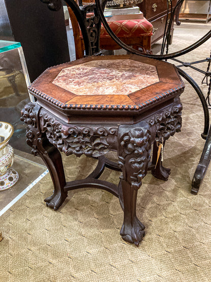 Antique 1920s Hand Carved Chinese Rosewood Marble Top Inlay Side Table