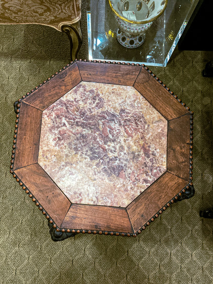 Antique 1920s Hand Carved Chinese Rosewood Marble Top Inlay Side Table