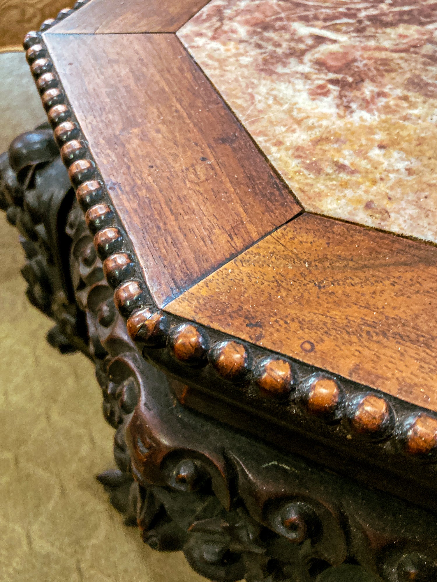 Antique 1920s Hand Carved Chinese Rosewood Marble Top Inlay Side Table