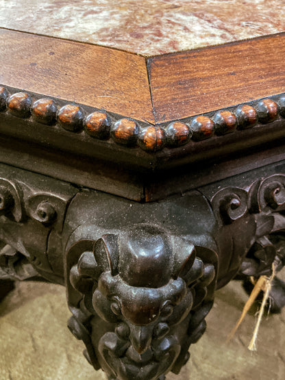 Antique 1920s Hand Carved Chinese Rosewood Marble Top Inlay Side Table
