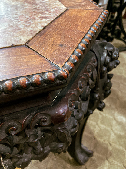 Antique 1920s Hand Carved Chinese Rosewood Marble Top Inlay Side Table