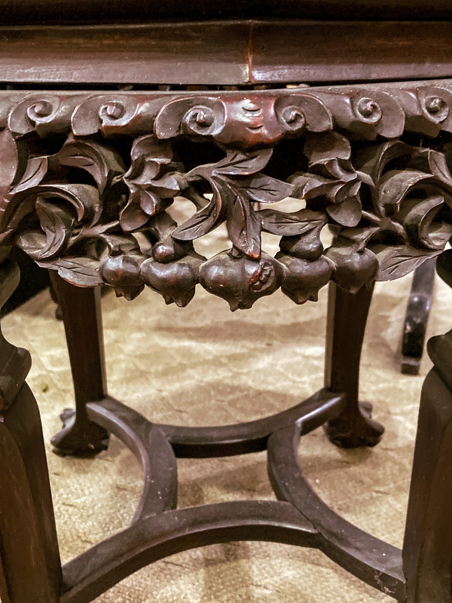 Antique 1920s Hand Carved Chinese Rosewood Marble Top Inlay Side Table