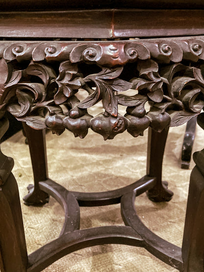 Antique 1920s Hand Carved Chinese Rosewood Marble Top Inlay Side Table