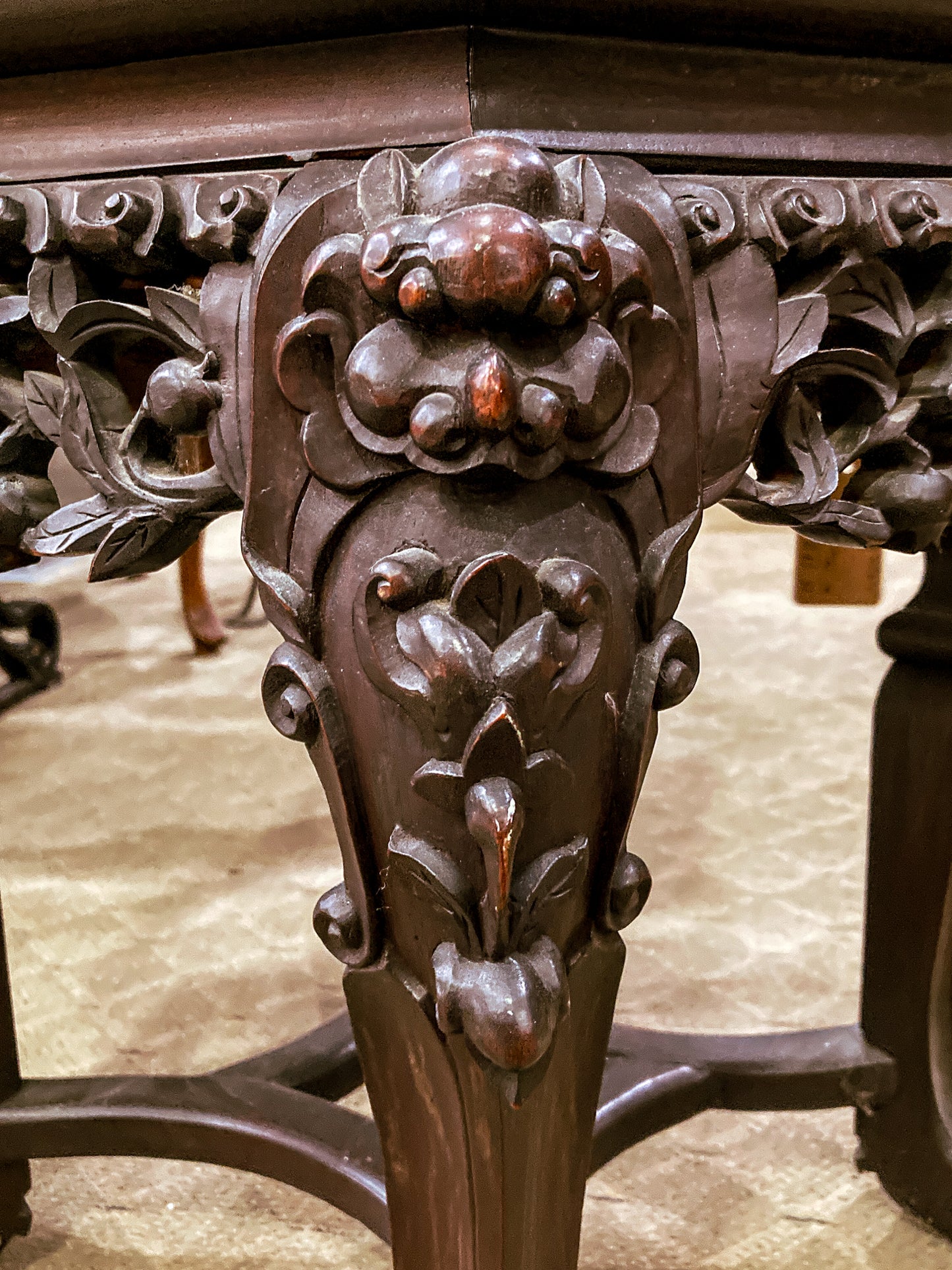 Antique 1920s Hand Carved Chinese Rosewood Marble Top Inlay Side Table