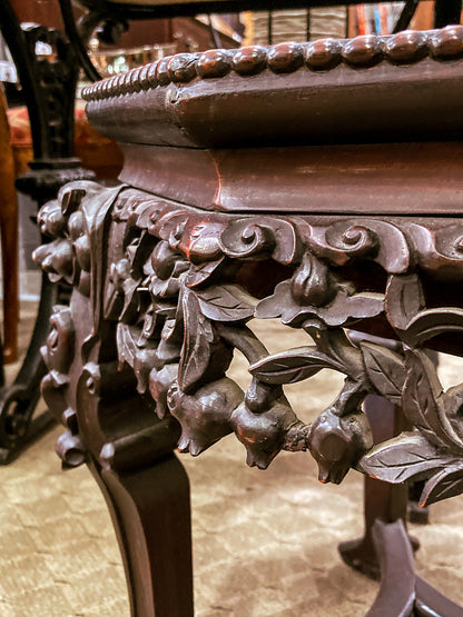 Antique 1920s Hand Carved Chinese Rosewood Marble Top Inlay Side Table