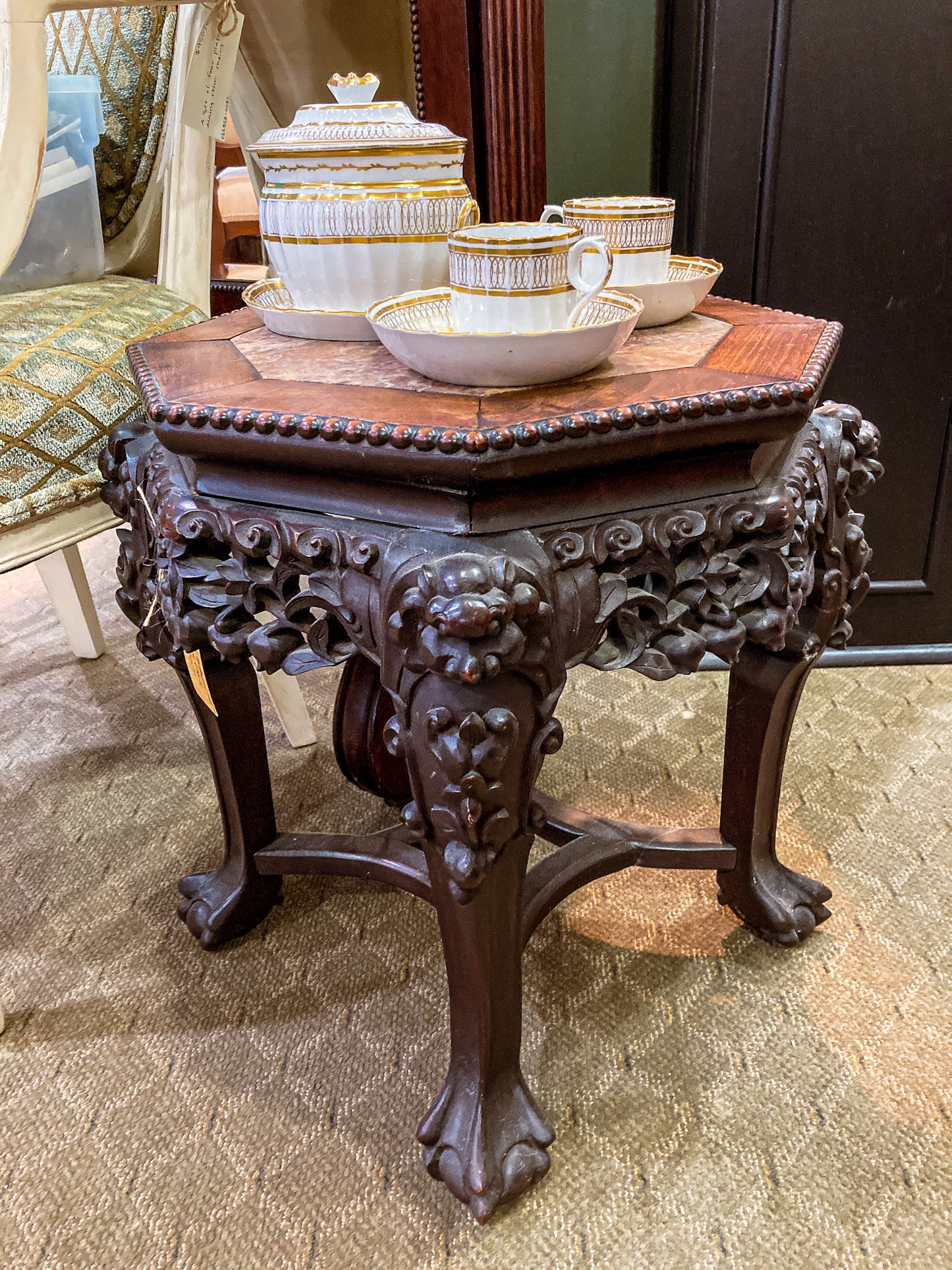 Antique 1920s Hand Carved Chinese Rosewood Marble Top Inlay Side Table
