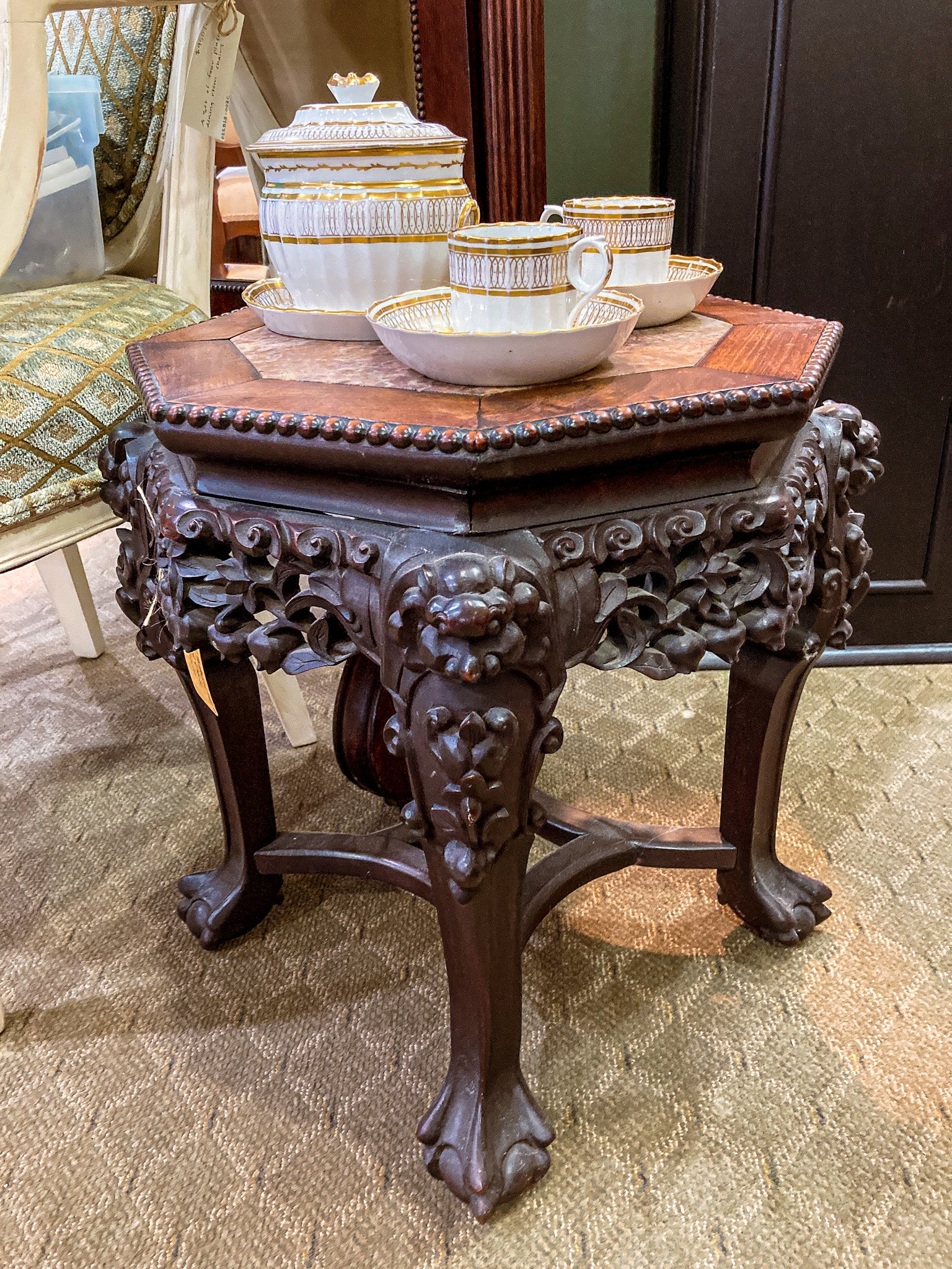 Antique 1920s Hand Carved Chinese Rosewood Marble Top Inlay Side Table