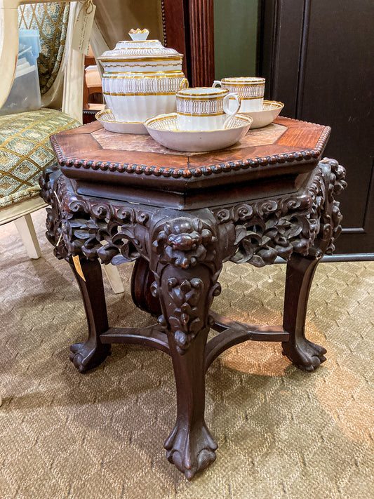 Antique 1920s Hand Carved Chinese Rosewood Marble Top Inlay Side Table