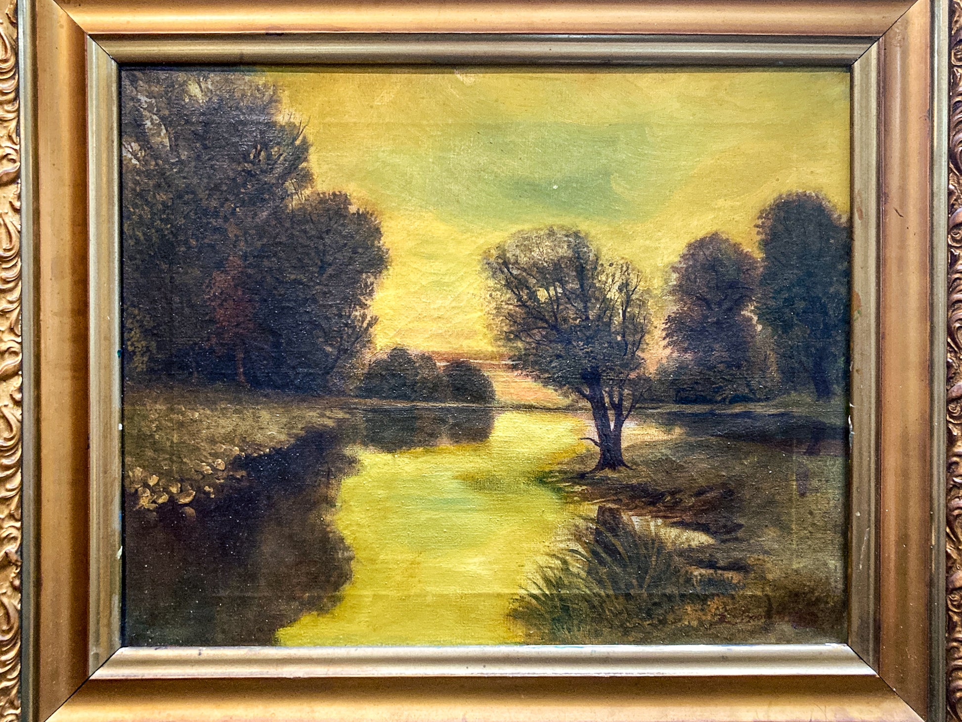 Antique 1927 Serene River Landscape Framed Signed Oil Painting