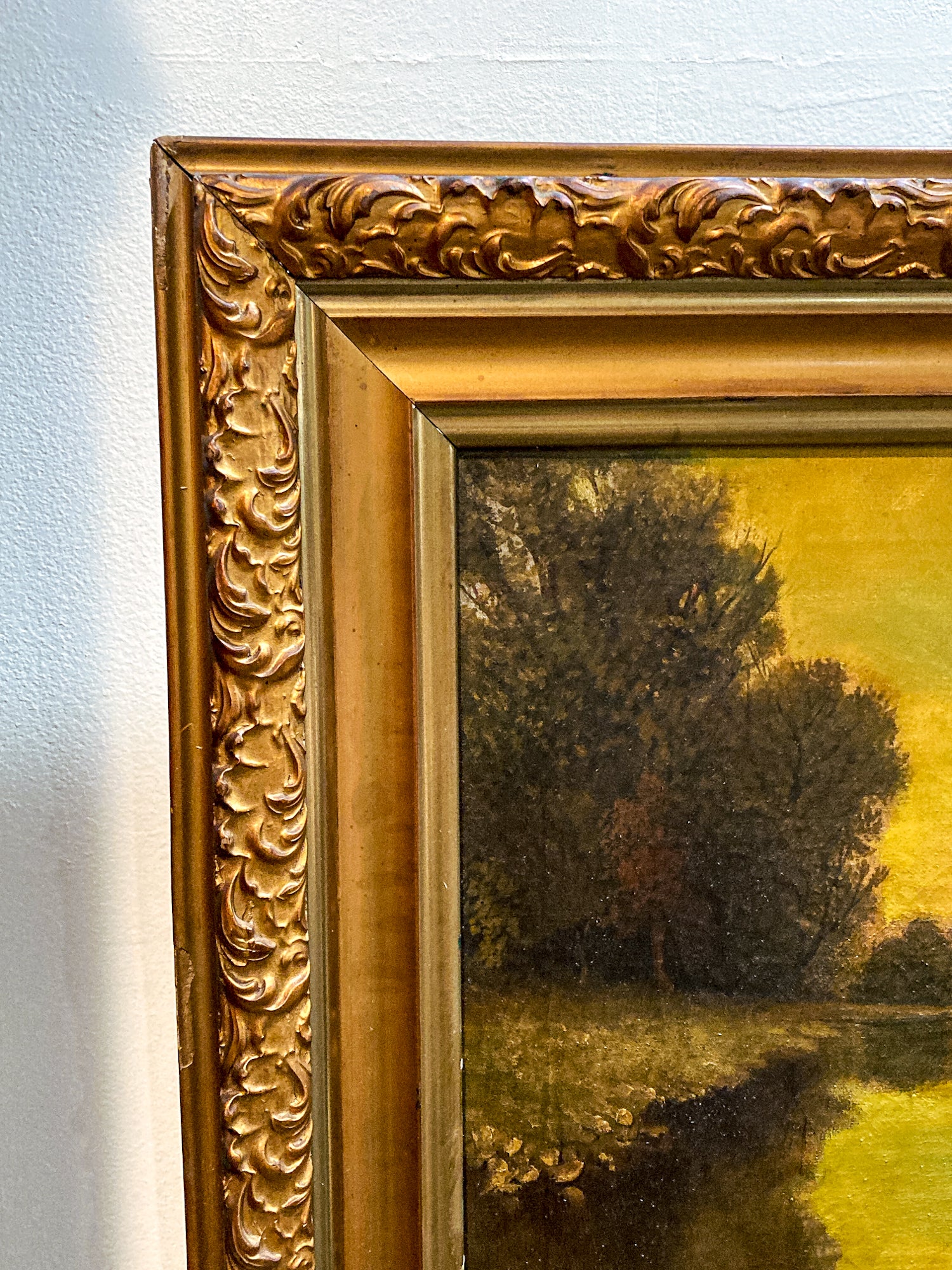 Close Up frame and canvas Antique 1927 Serene River Landscape Framed Signed Oil Painting
