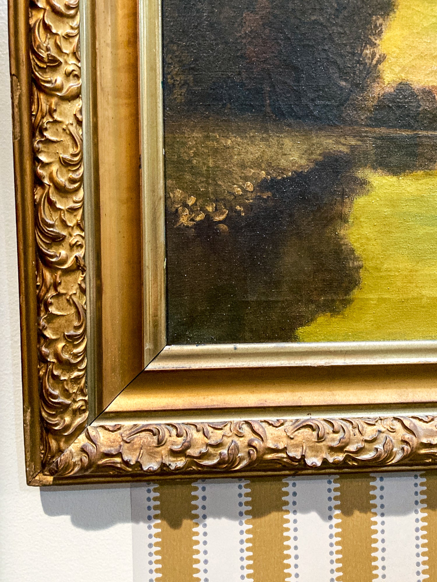 Close Up frame and canvas Antique 1927 Serene River Landscape Framed Signed Oil Painting