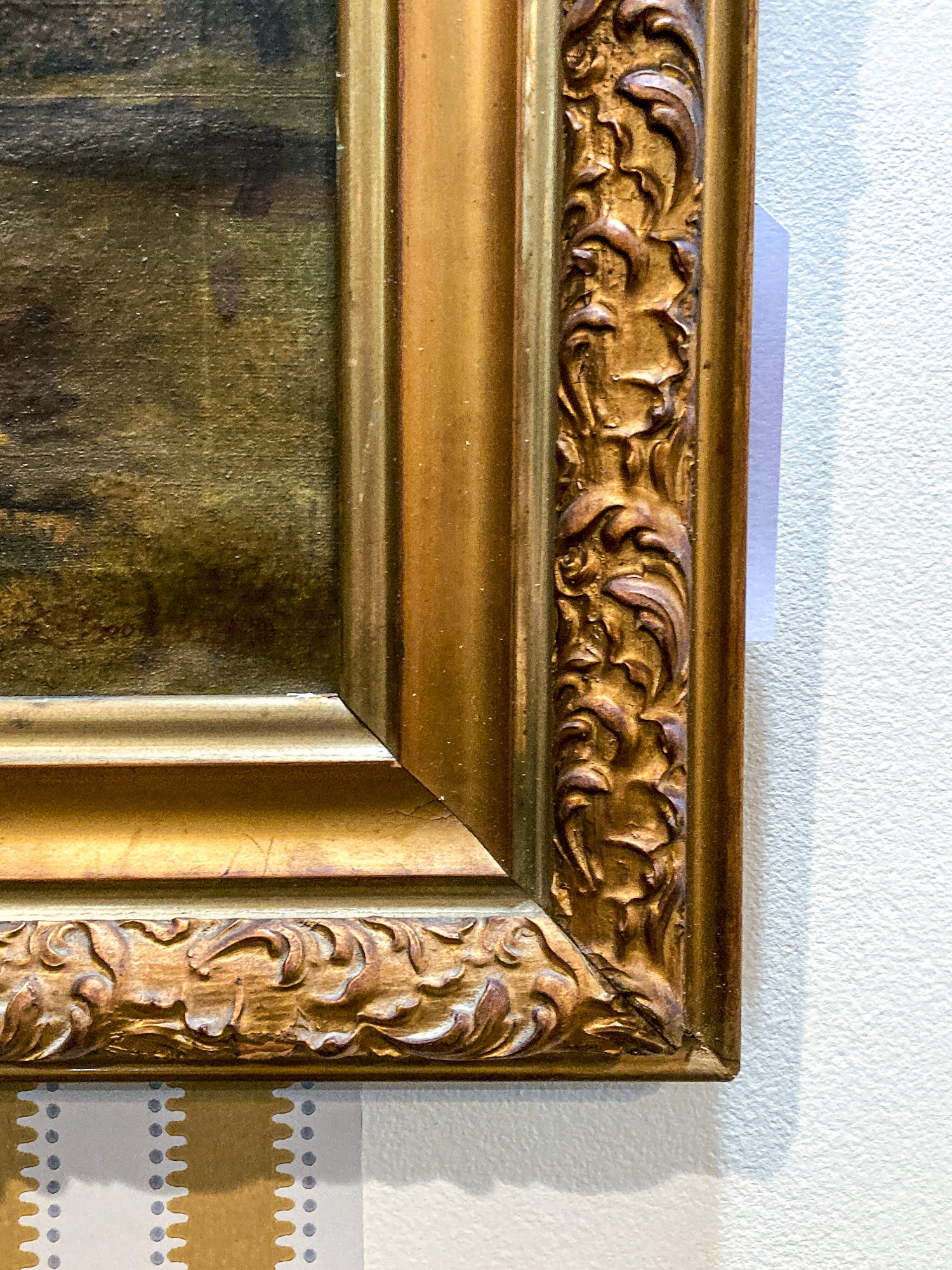 Close Up frame and canvas Antique 1927 Serene River Landscape Framed Signed Oil Painting