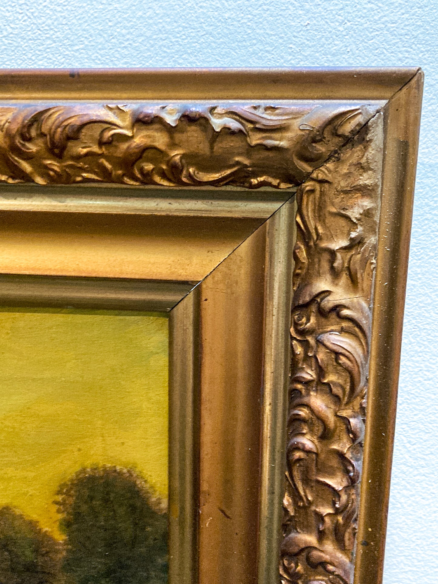 Close Up frame and canvas Antique 1927 Serene River Landscape Framed Signed Oil Painting