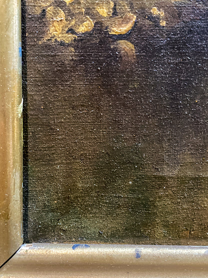 Close Up frame and canvas Antique 1927 Serene River Landscape Framed Signed Oil Painting